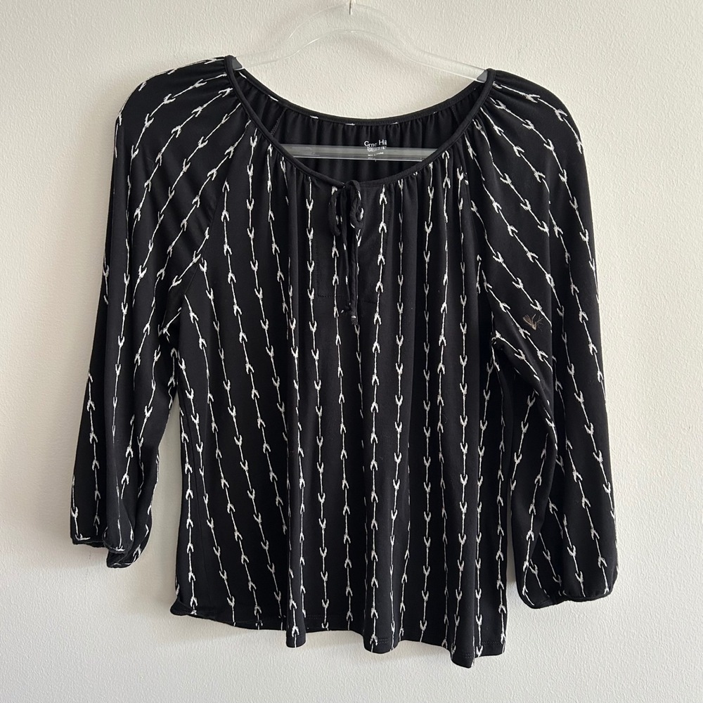 Garnet Hill Green Cotton Peasant Top Small Tencel Knit 3/4 Sleeve Arrow Print